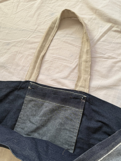1 of 1 ANTIQUE FRENCH LINEN + 11OZ JAPANESE SELVEDGE DENIM TOTE