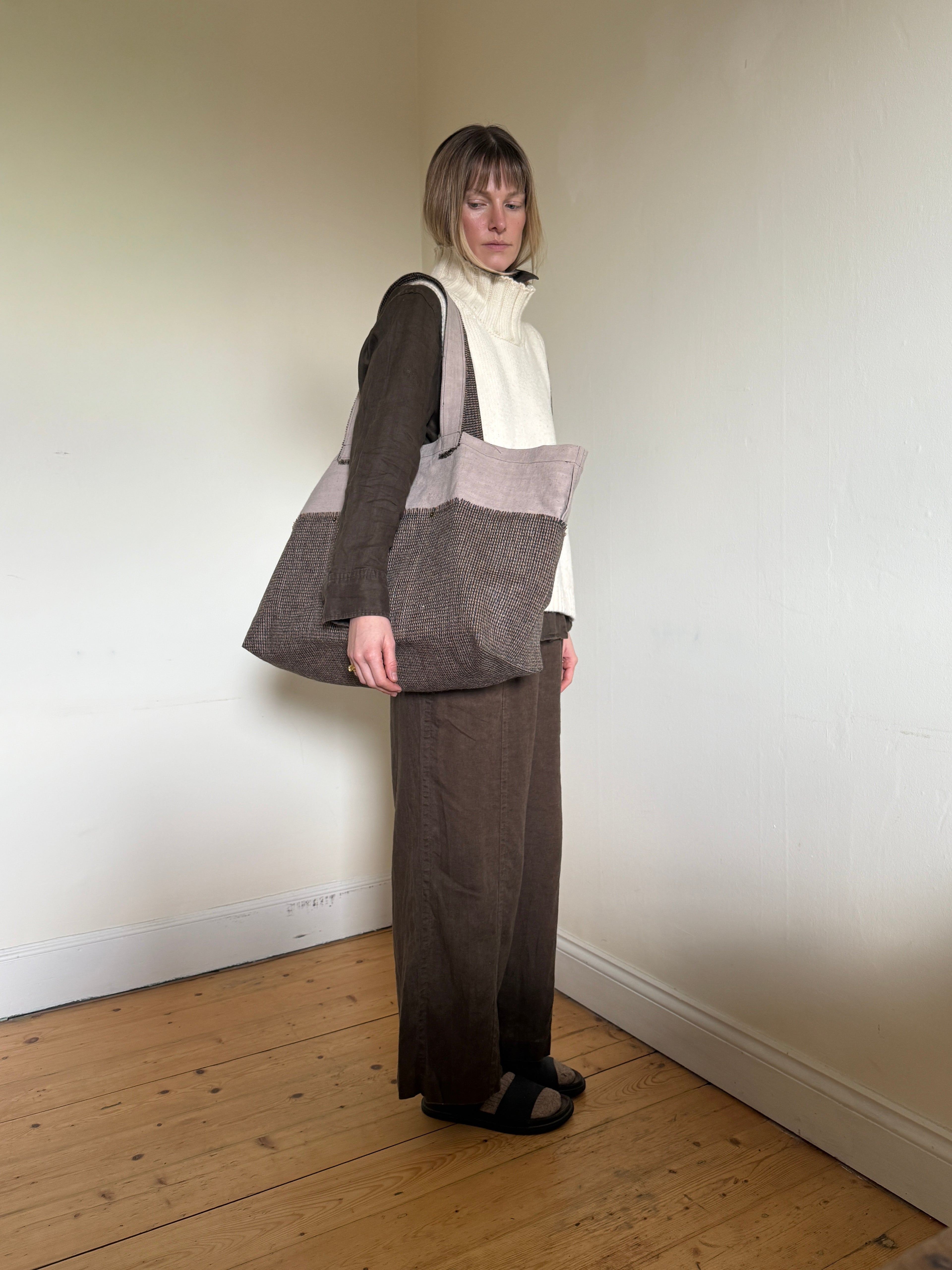 1 of 1 ANTIQUE FRENCH LINEN + HARRIS TWEED TOTE